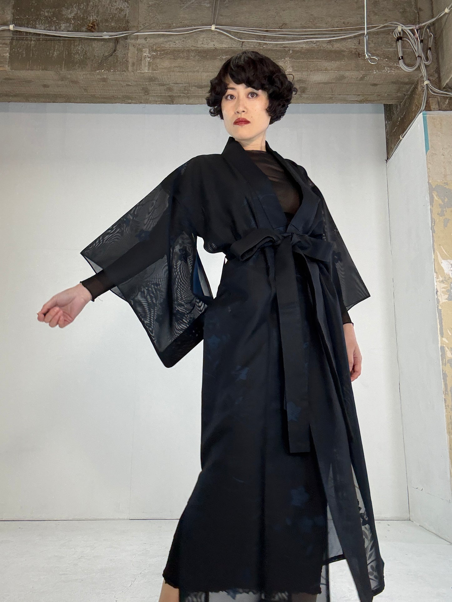 SHEER kimono dress gown and string belt upcycled from Japanese kimono "blue, kikyo"