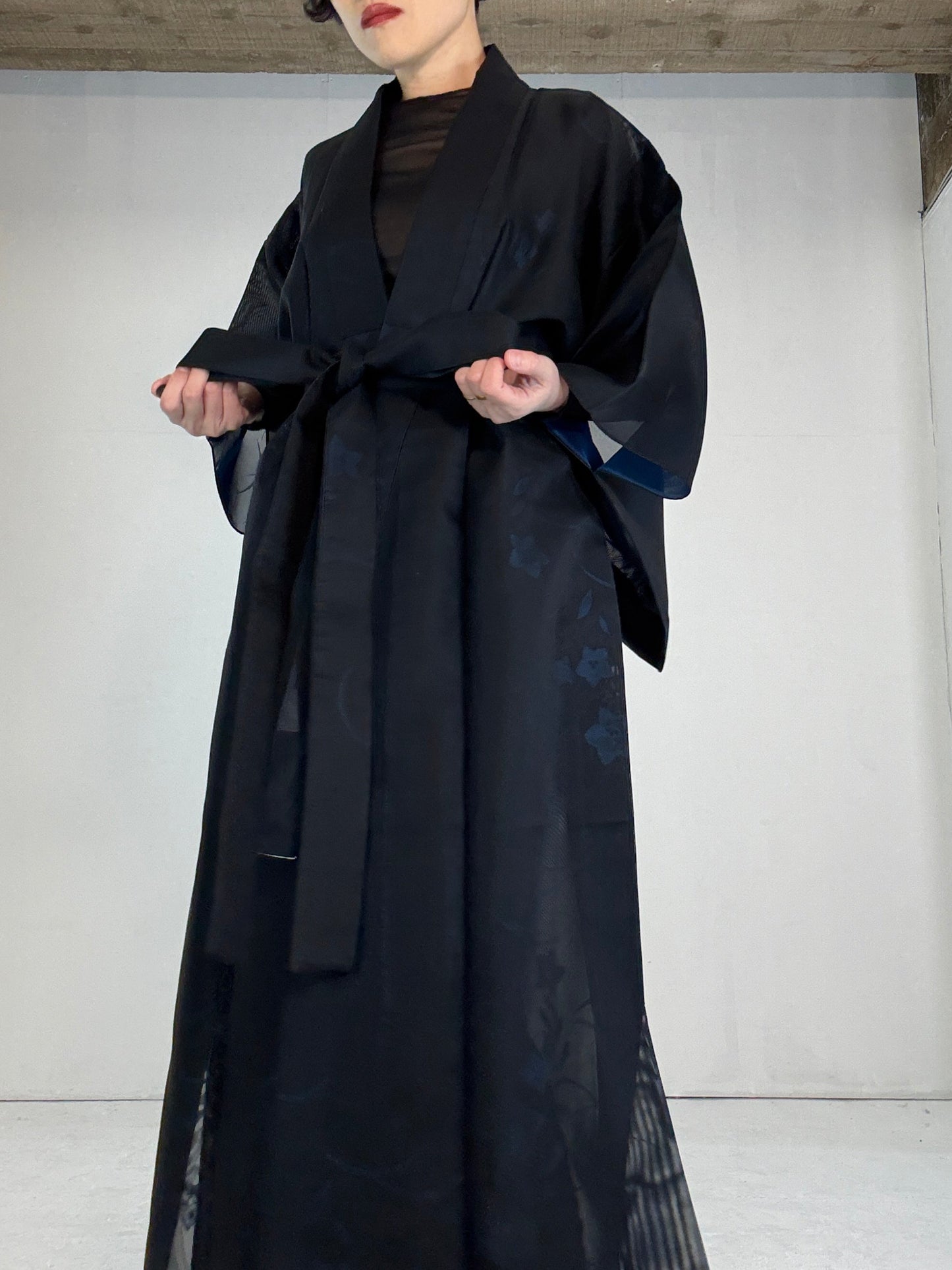 SHEER kimono dress gown and string belt upcycled from Japanese kimono "blue, kikyo"