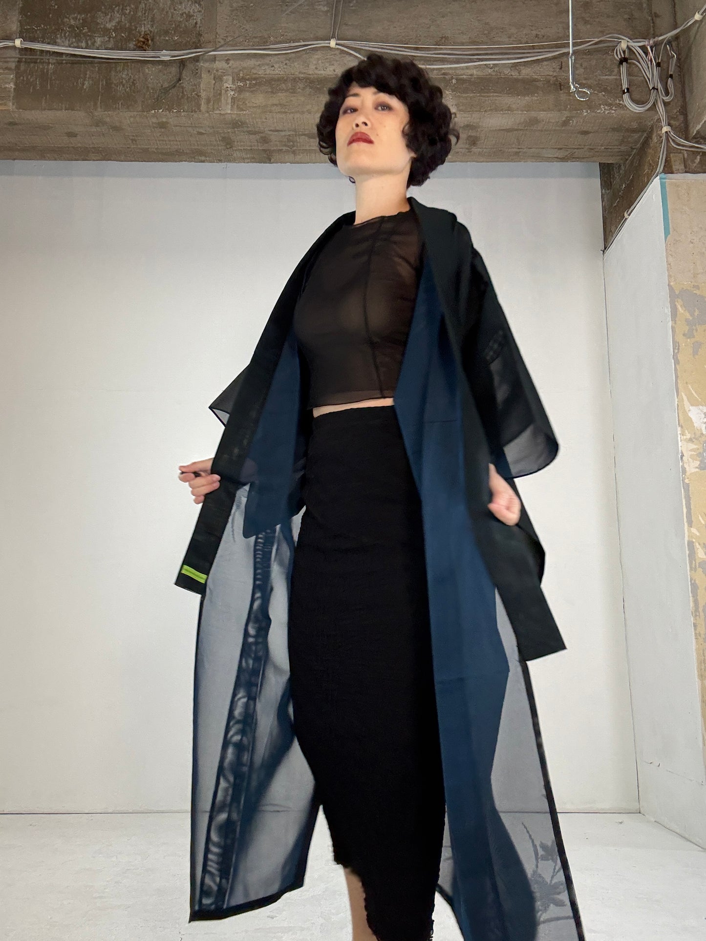 SHEER kimono dress gown and string belt upcycled from Japanese kimono "blue, kaede"