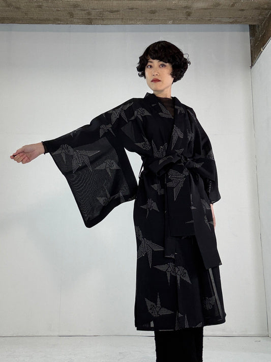 SHEER kimono dress gown and string belt upcycled from Japanese kimono "tsuru, SHD004"