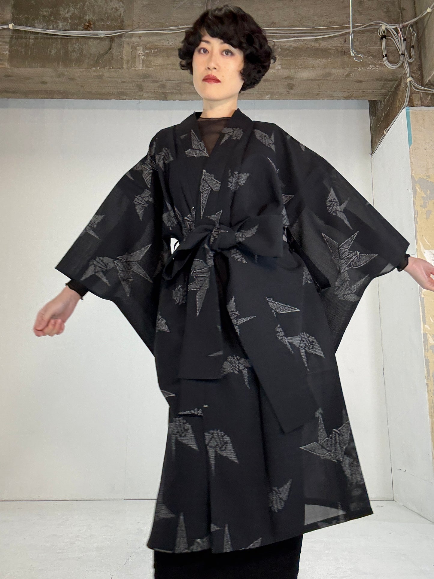 SHEER kimono dress gown and string belt upcycled from Japanese kimono "tsuru"