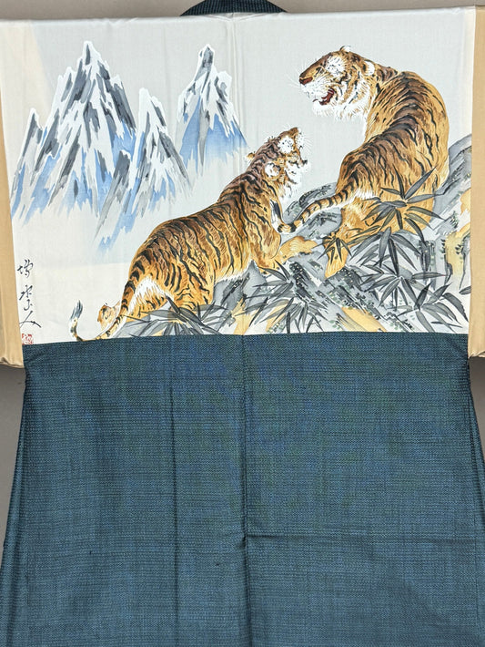 VINTAGE KAWAII HAORI oversized  "oshima, bluegreen, pair, tiger, 032"