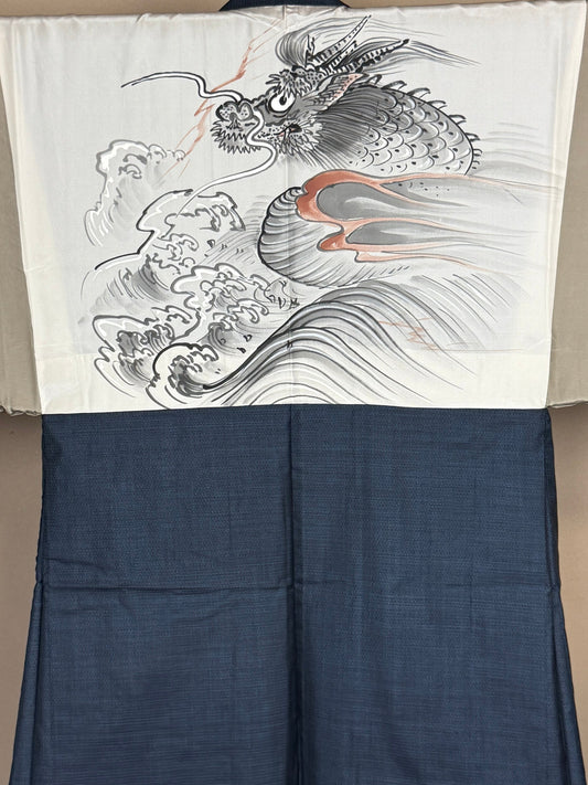 VINTAGE KAWAII HAORI oversized  "oshima, blue, cute dragon , 002"