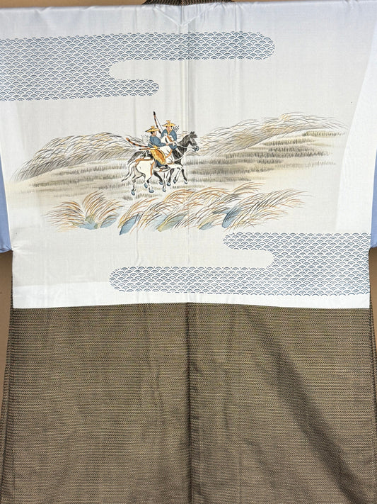 VINTAGE KAWAII HAORI oversized  "oshima, brown, kari , 003"