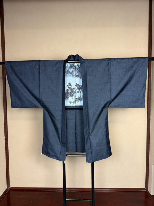 VINTAGE KAWAII HAORI oversized  "oshima, blue, daimyo-gyoretsu , 004"