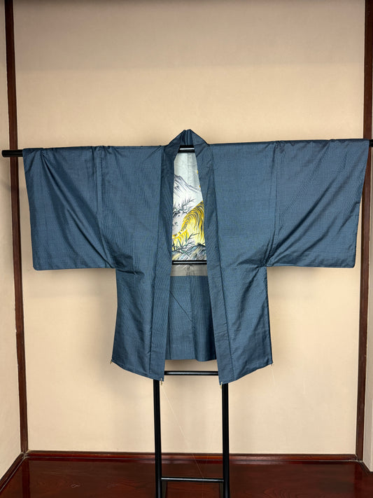 VINTAGE KAWAII HAORI oversized  "oshima, blue, tiger, 022"　*damage