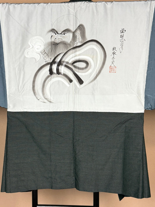 VINTAGE KAWAII HAORI oversized  "oshima, green, daruma-daishi, 015"