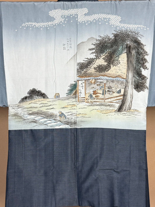VINTAGE KAWAII HAORI oversized  "oshima, blue, shibori,  kisokaido, 018"*Partially Hidden Back Painting