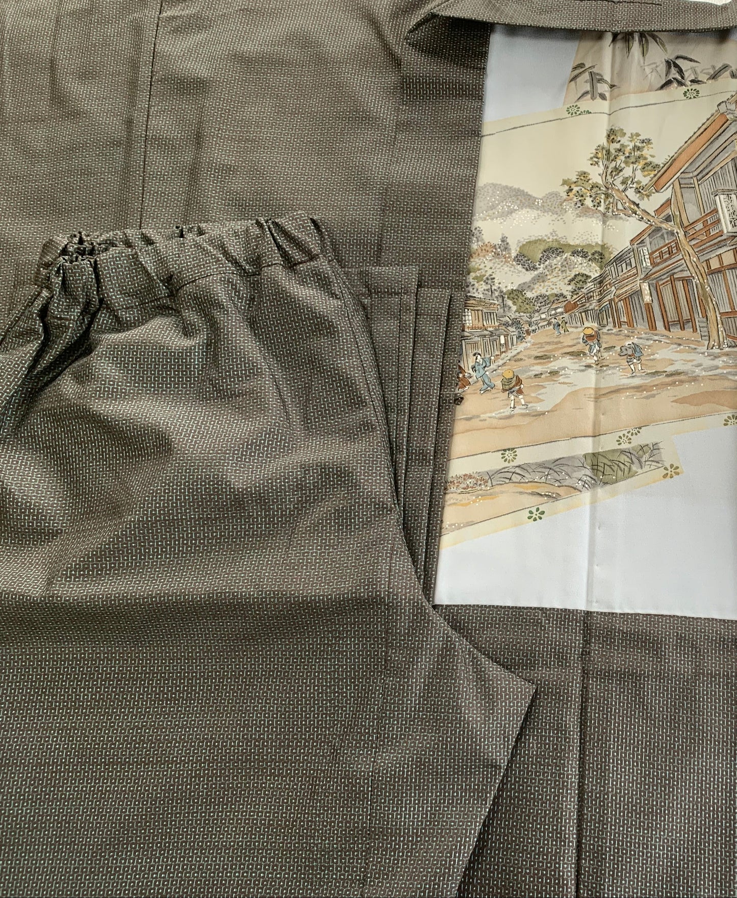 Oshima Tsumugi HAORI  and KIMONO elastic waist pants upcycled from Japanese kimono" ASB007"
