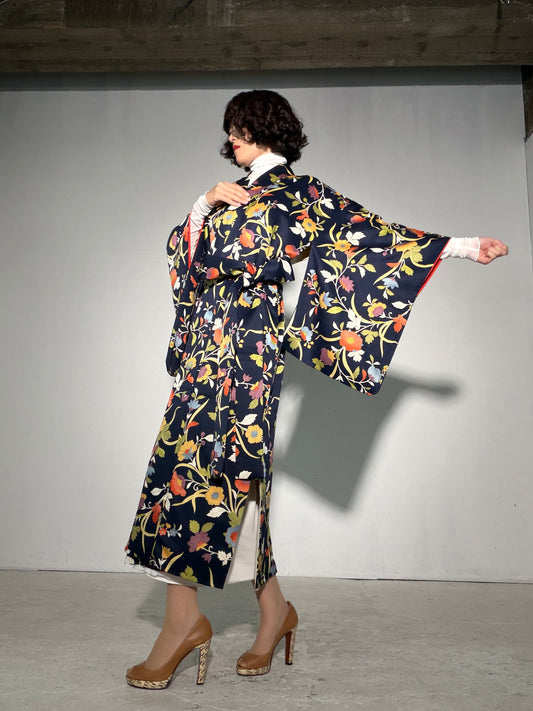 Komon Kimono Dress Gown with String Belt – Upcycled from Vintage Japanese Kimono "kinkoma,blue, DRE046"