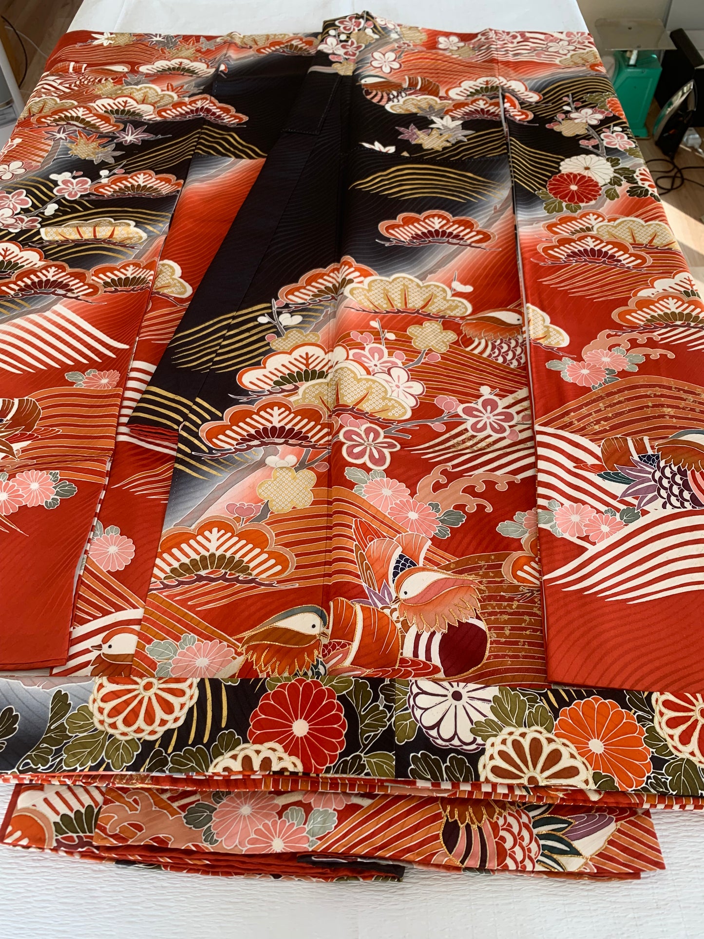 Furisode Kimono Dress Gown with String Belt – Upcycled from Vintage Japanese Kimono "DRE018