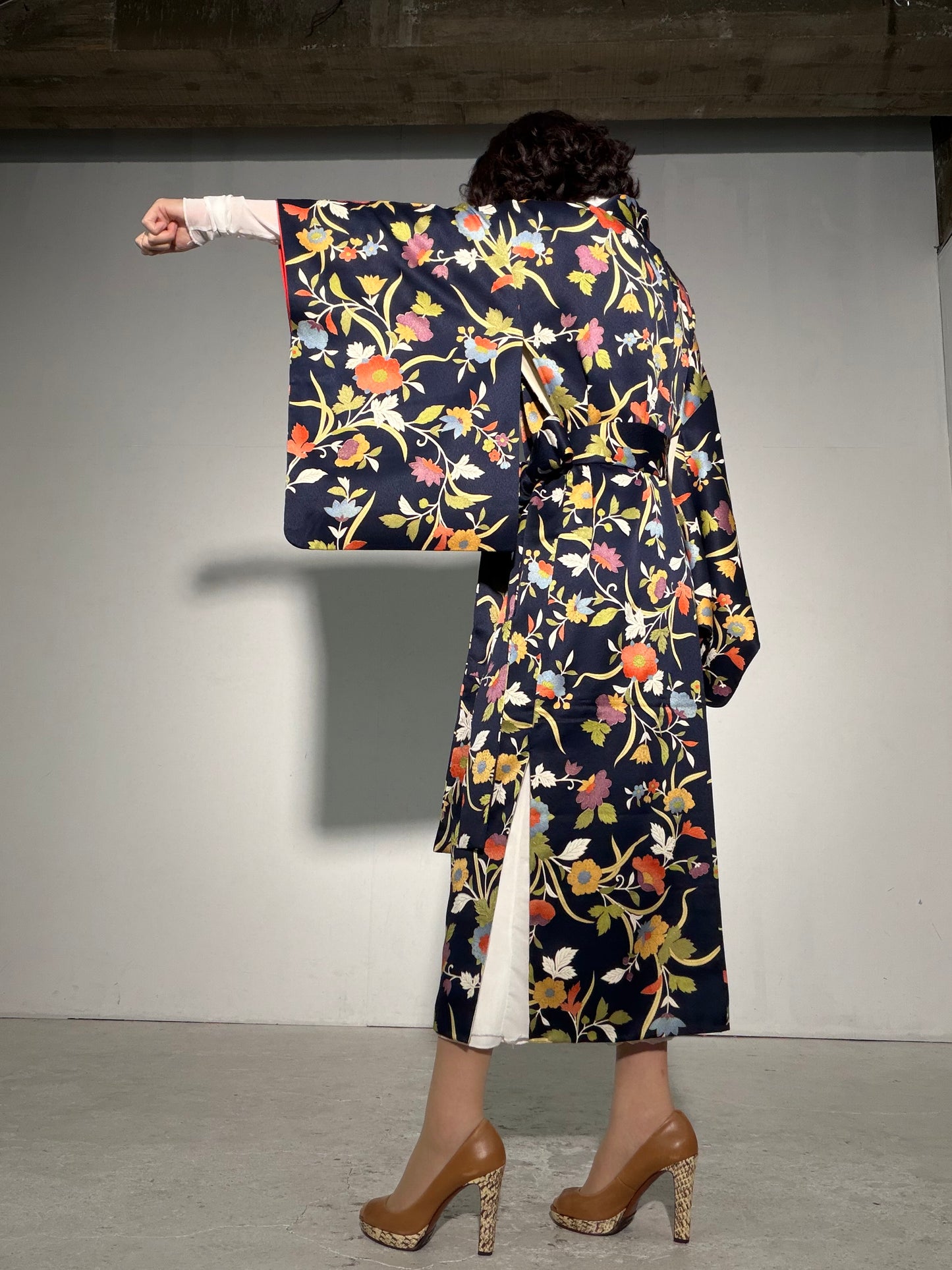 Komon Kimono Dress Gown with String Belt – Upcycled from Vintage Japanese Kimono "kinkoma,blue, DRE046"