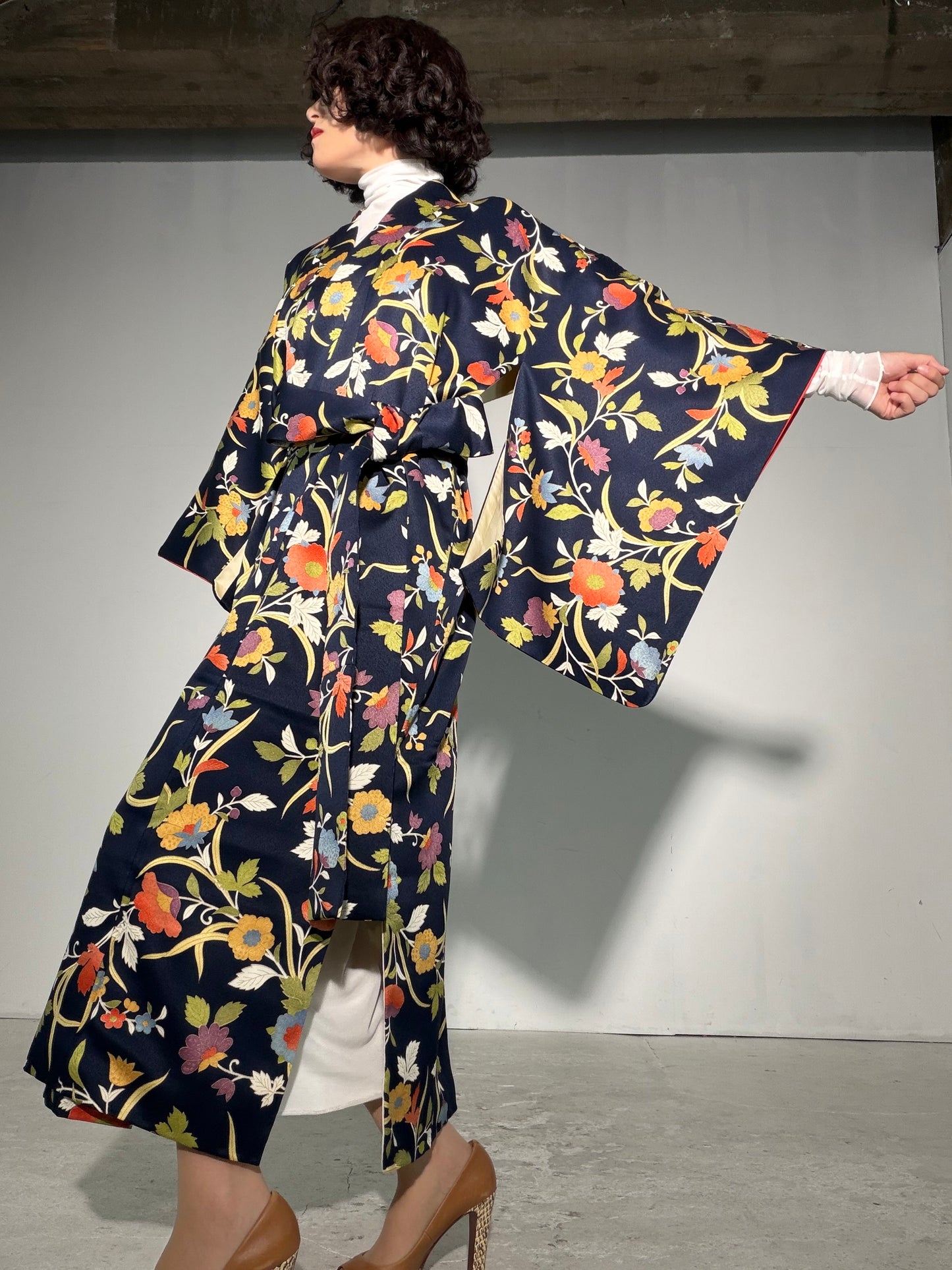 Komon Kimono Dress Gown with String Belt – Upcycled from Vintage Japanese Kimono "kinkoma,blue, DRE046"