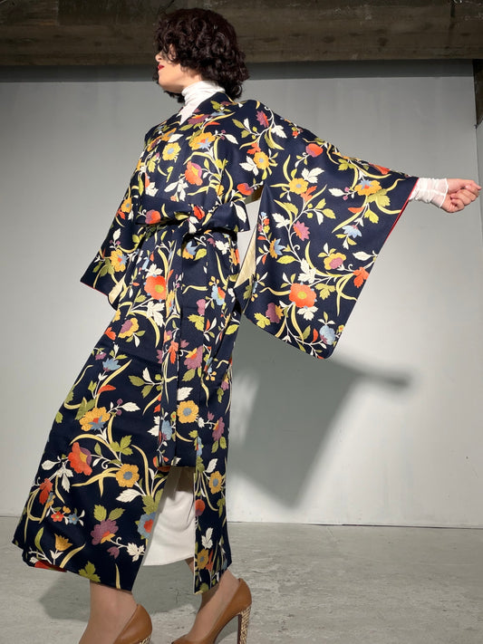 Komon Kimono Dress Gown with String Belt – Upcycled from Vintage Japanese Kimono "kinkoma,blue, DRE046"
