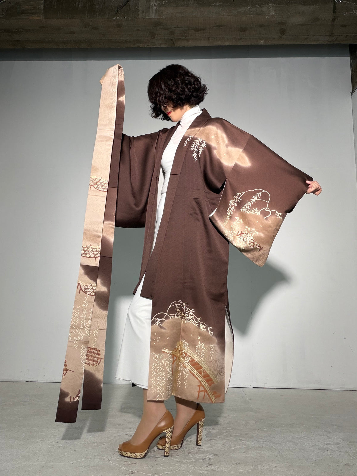 Houmongi Kimono Dress Gown with String Belt – Upcycled from Vintage Japanese Kimono "gold, DRE043"