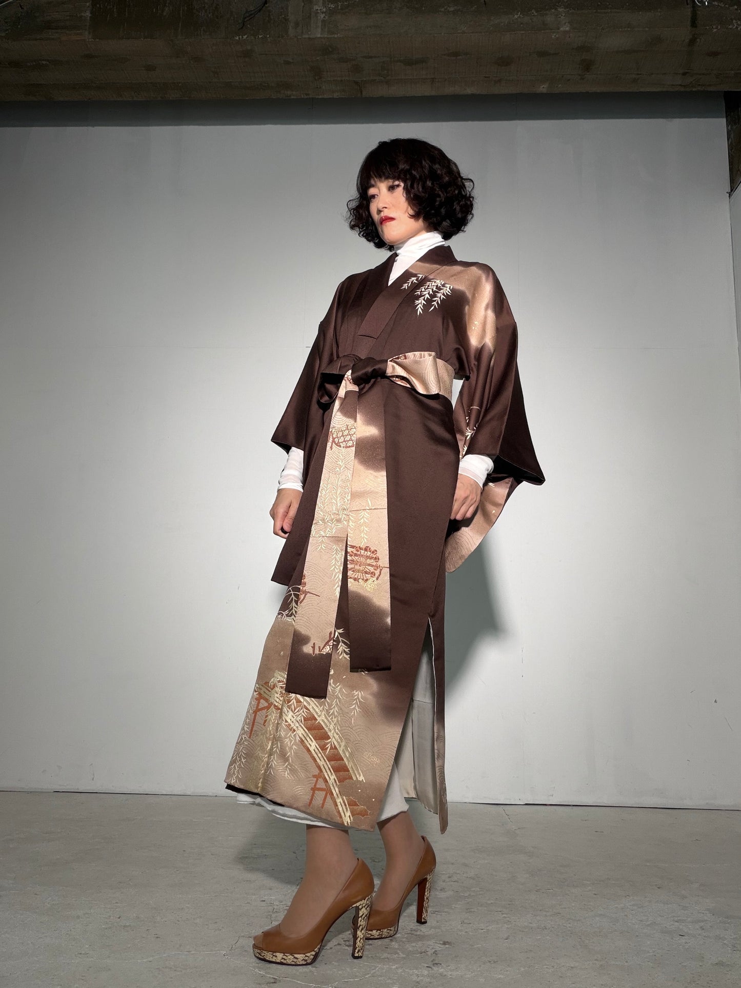 Houmongi Kimono Dress Gown with String Belt – Upcycled from Vintage Japanese Kimono "gold, DRE043"