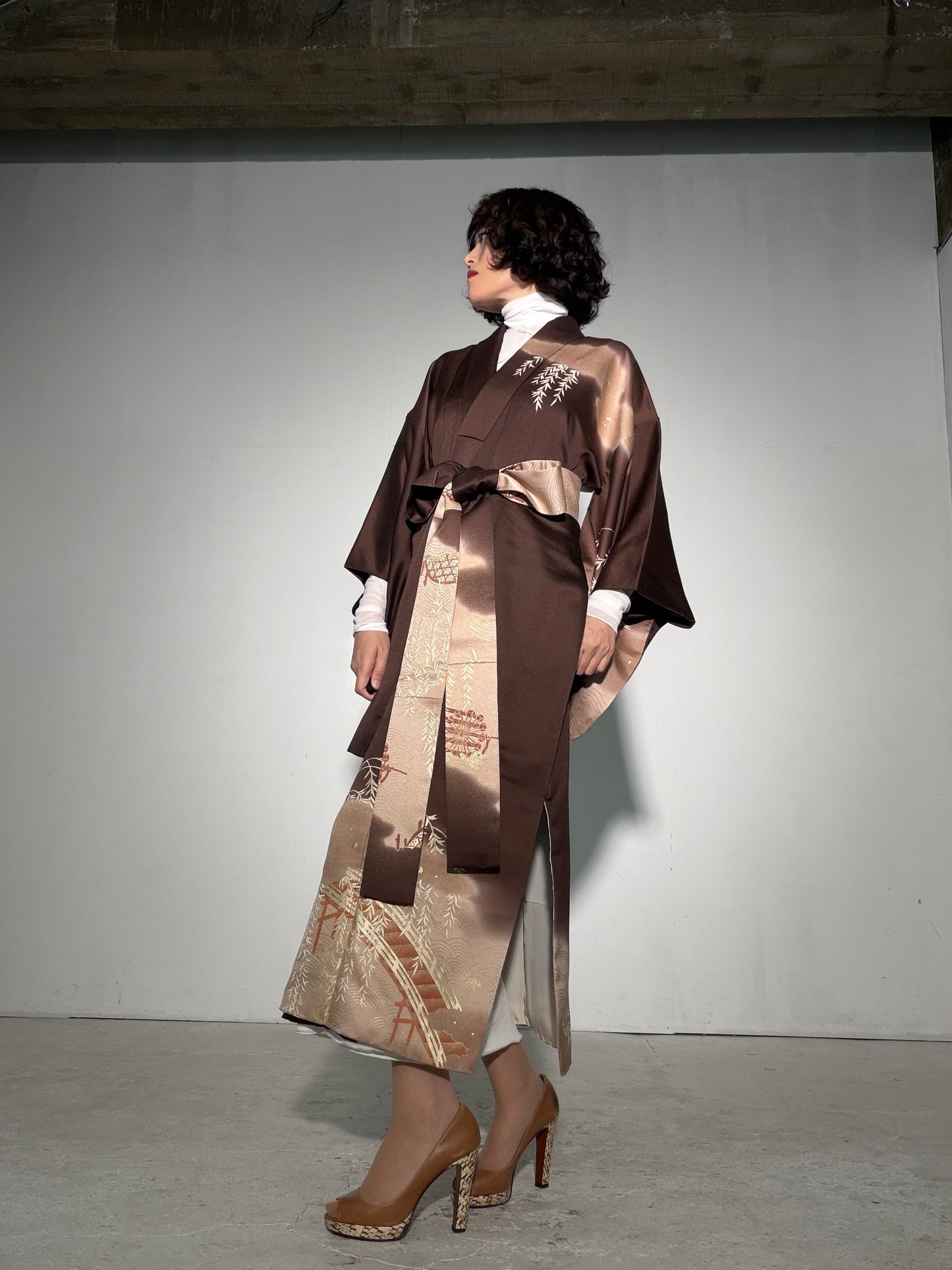 Houmongi Kimono Dress Gown with String Belt – Upcycled from Vintage Japanese Kimono "gold, DRE043"