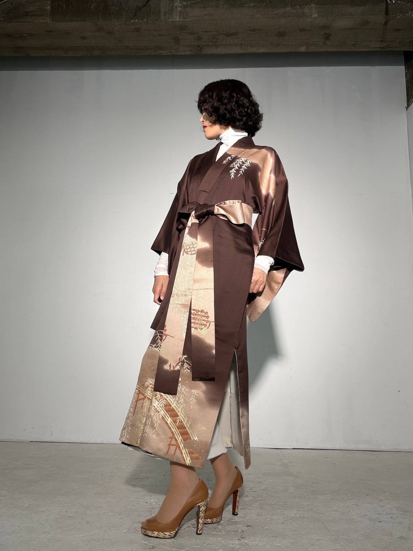 Houmongi Kimono Dress Gown with String Belt – Upcycled from Vintage Japanese Kimono "gold, DRE043"