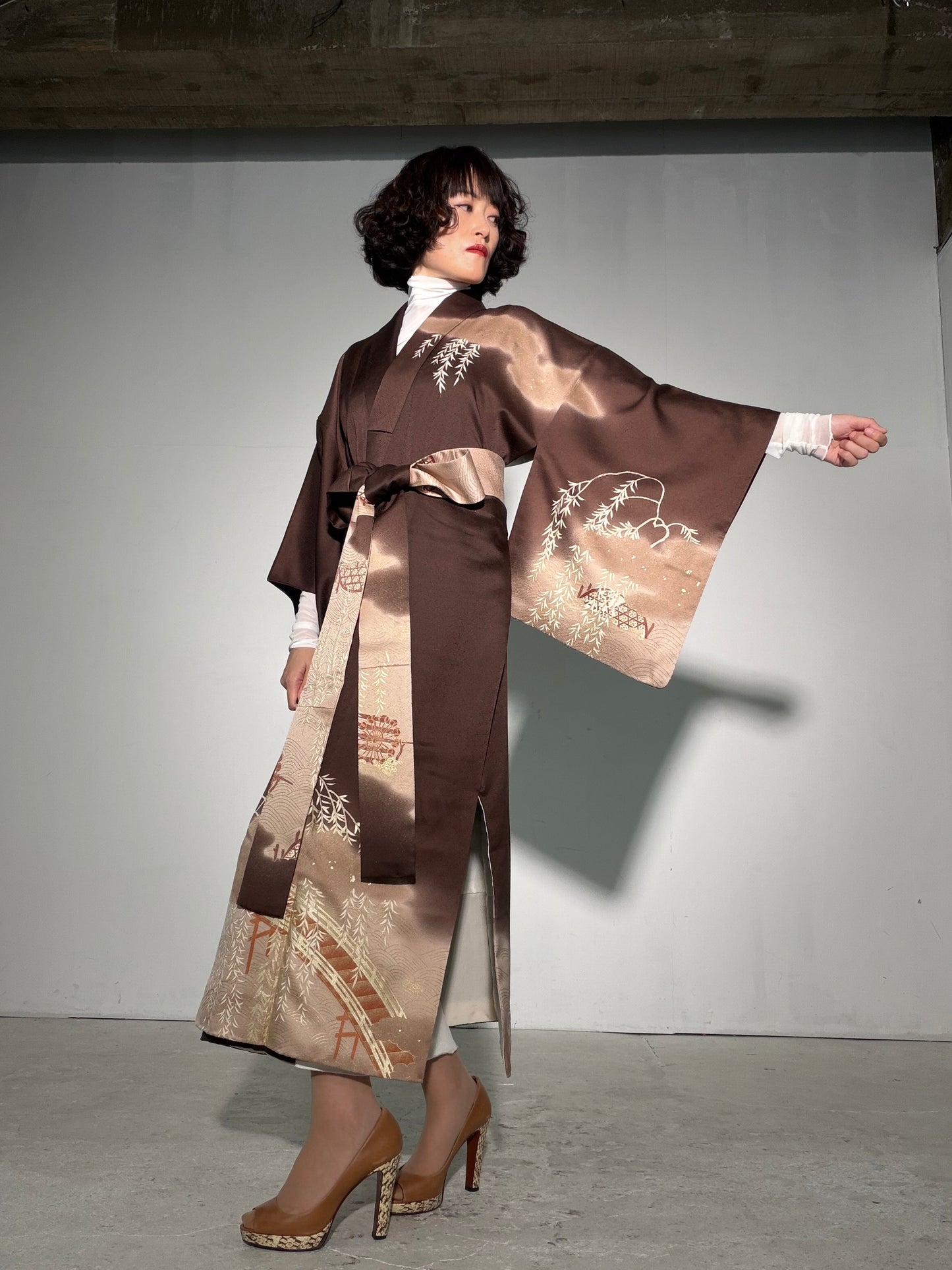 Houmongi Kimono Dress Gown with String Belt – Upcycled from Vintage Japanese Kimono "gold, DRE043"