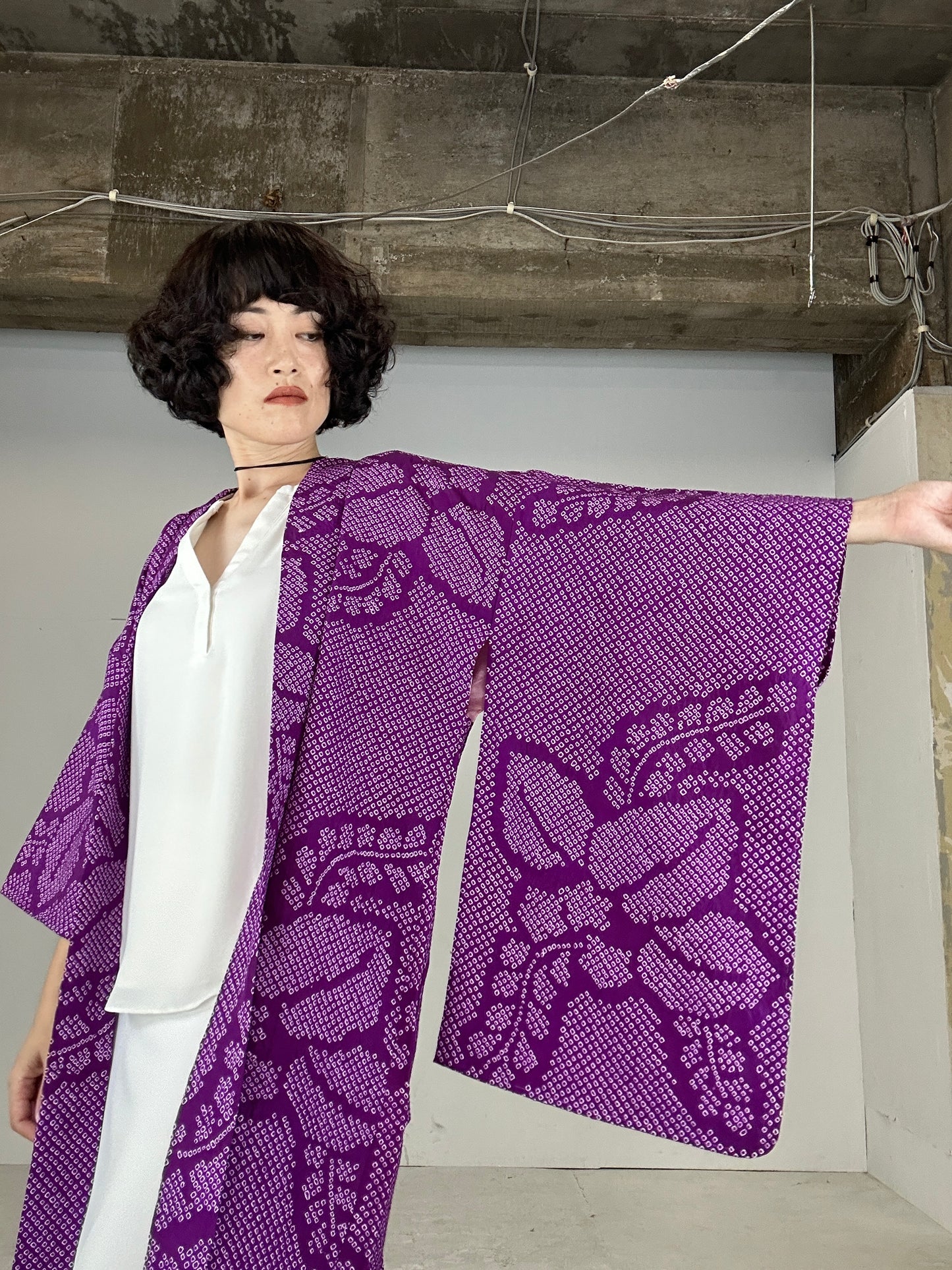 VINTAGE SHIBORI HAORI "antique nagabaori murasaki"