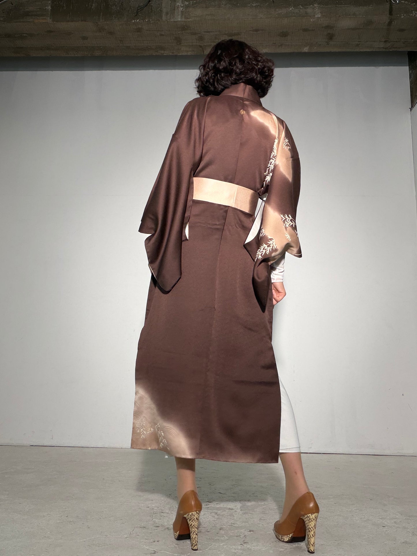 Houmongi Kimono Dress Gown with String Belt – Upcycled from Vintage Japanese Kimono "gold, DRE043"
