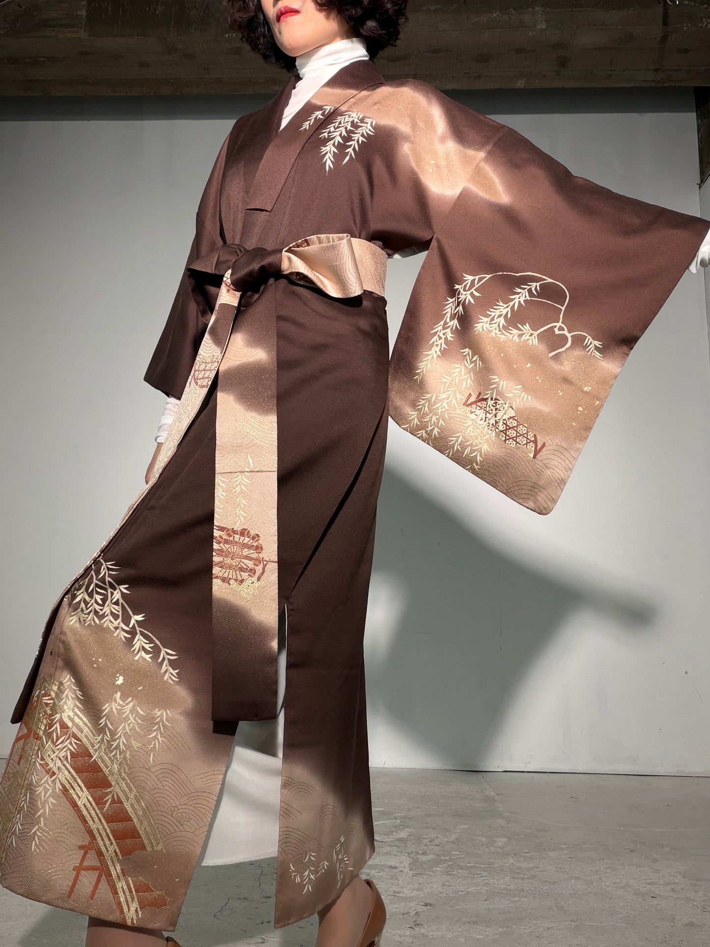 Houmongi Kimono Dress Gown with String Belt – Upcycled from Vintage Japanese Kimono "gold, DRE043"