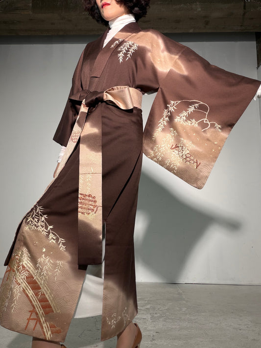 Houmongi Kimono Dress Gown with String Belt – Upcycled from Vintage Japanese Kimono "gold, DRE043"