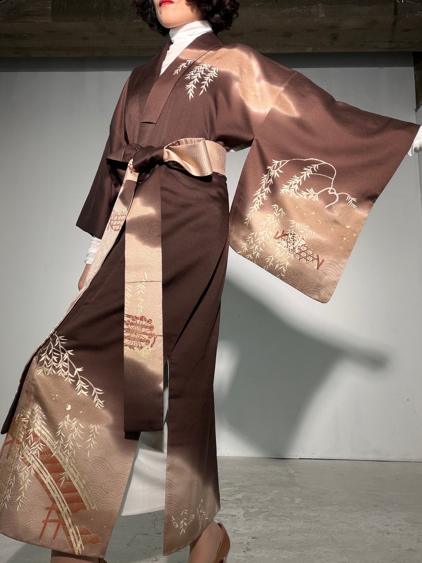 Houmongi Kimono Dress Gown with String Belt – Upcycled from Vintage Japanese Kimono "gold, DRE043"