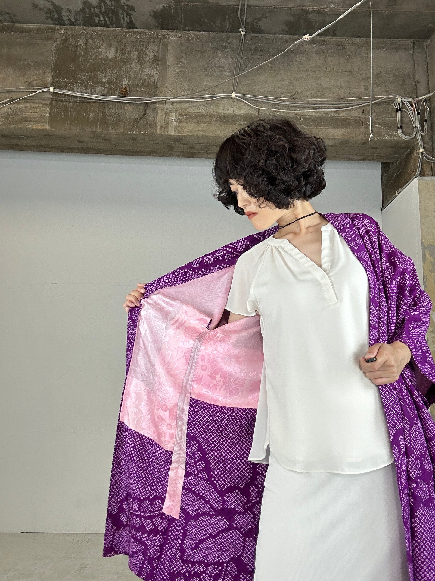 VINTAGE SHIBORI HAORI "antique nagabaori murasaki"