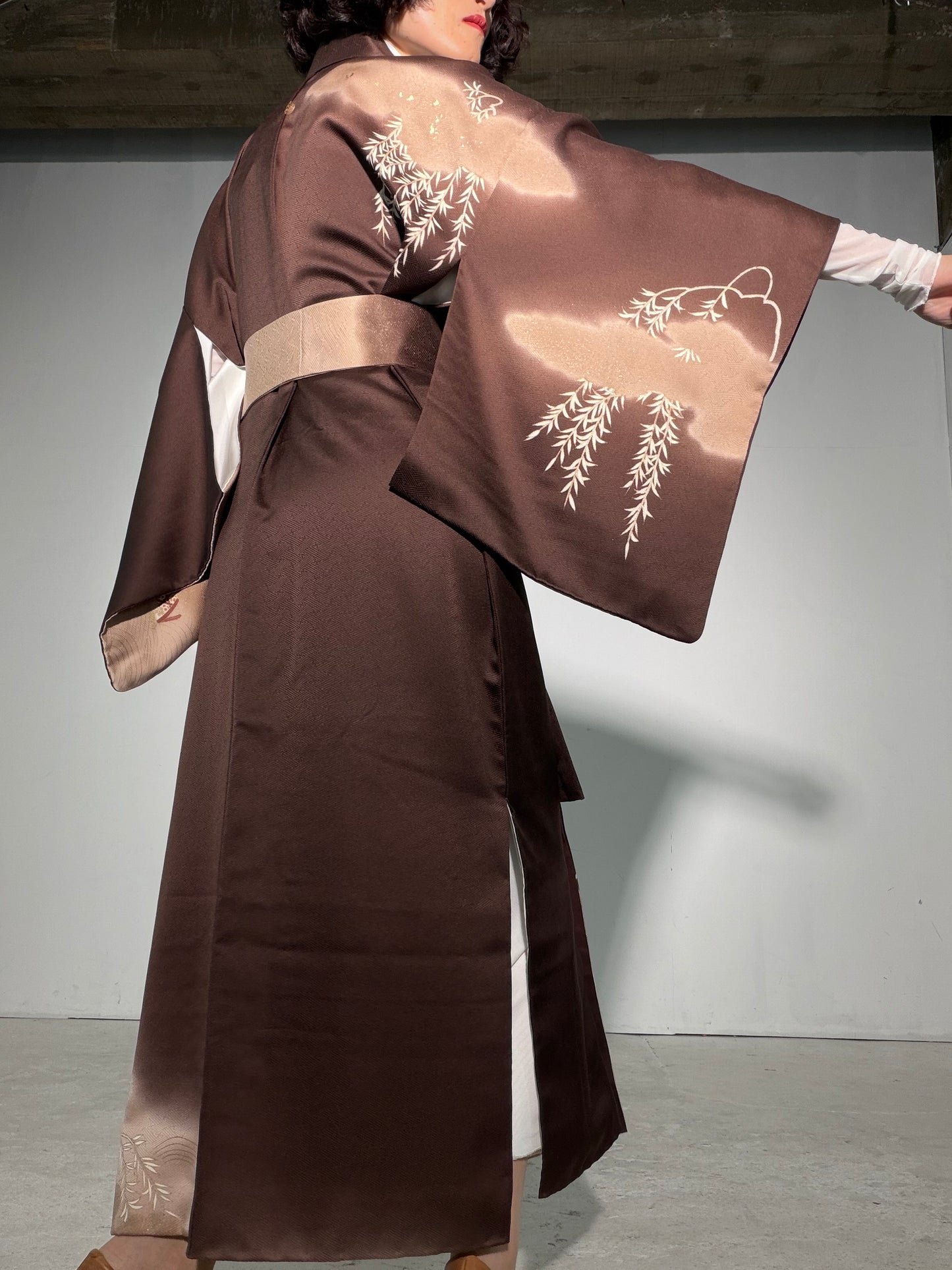 Houmongi Kimono Dress Gown with String Belt – Upcycled from Vintage Japanese Kimono "gold, DRE043"