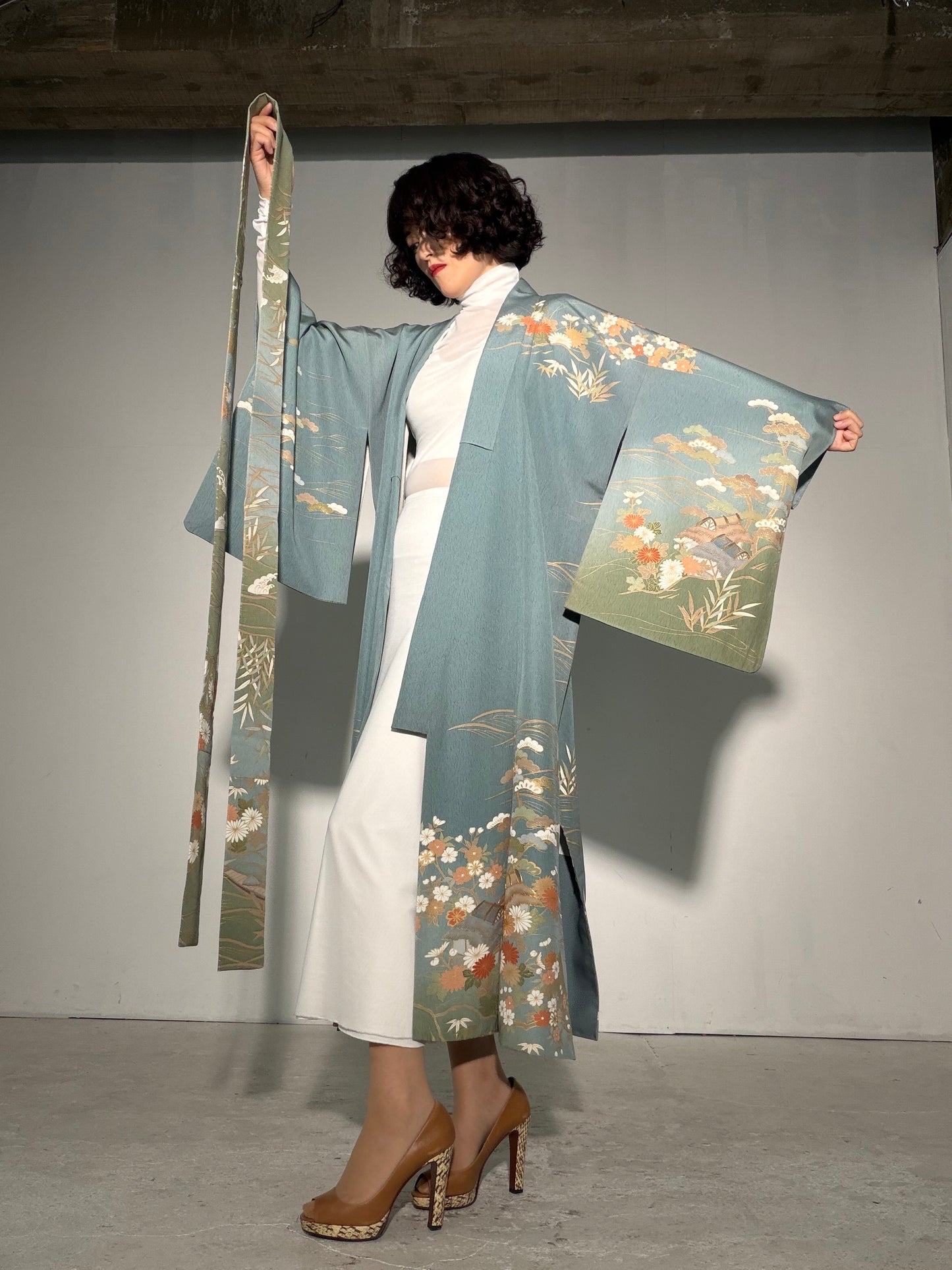 Houmongi Kimono Dress Gown with String Belt – Upcycled from Vintage Japanese Kimono "kinkoma,blue, DRE045"