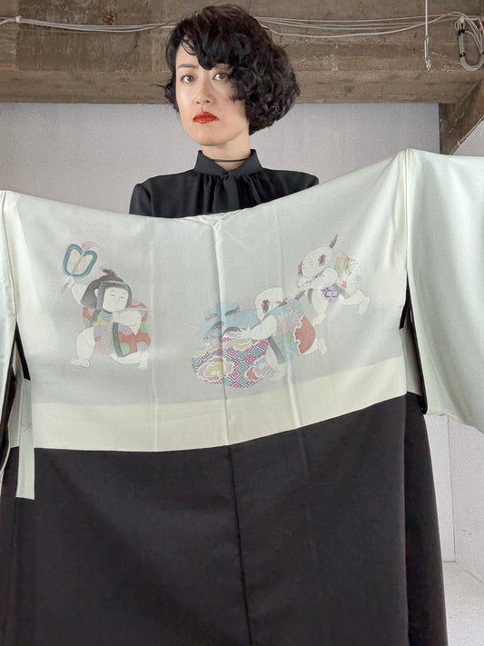 VINTAGE BLACK HAORI "red flower"