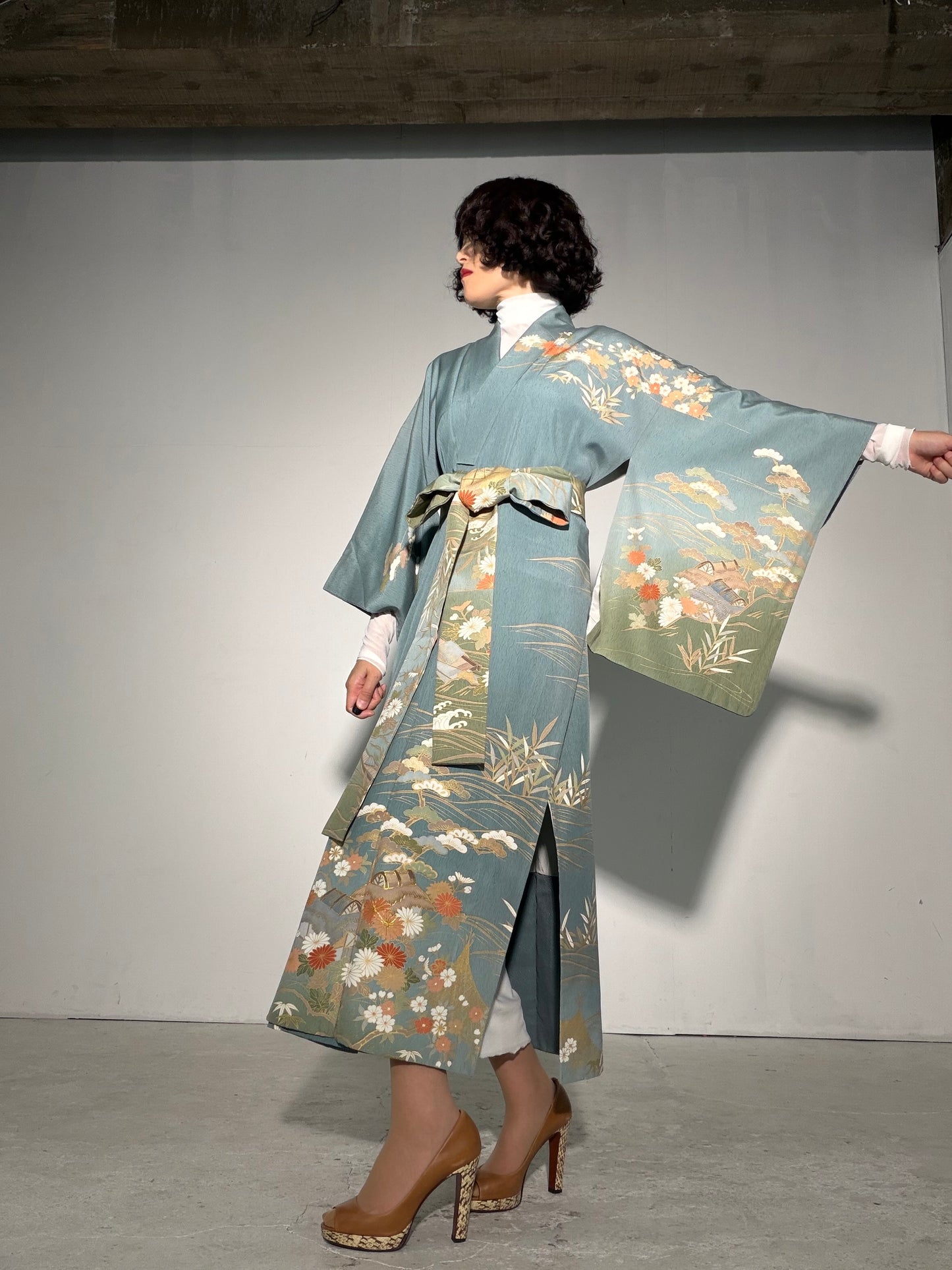 Houmongi Kimono Dress Gown with String Belt – Upcycled from Vintage Japanese Kimono "kinkoma,blue, DRE045"