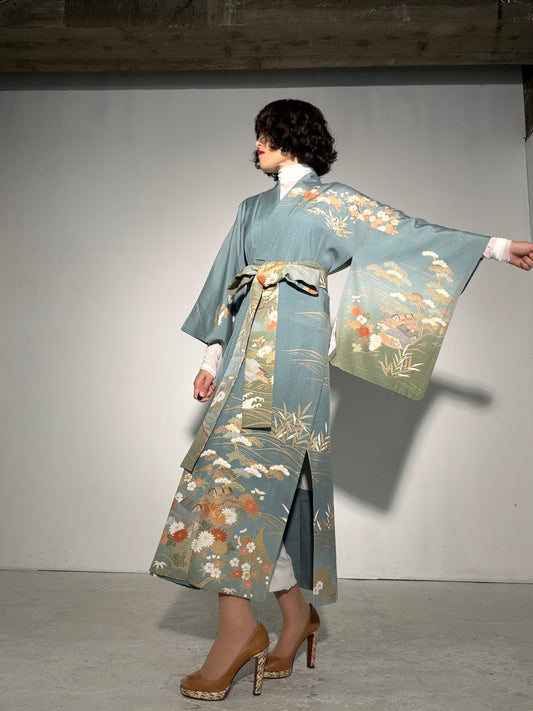 Houmongi Kimono Dress Gown with String Belt – Upcycled from Vintage Japanese Kimono "kinkoma,blue, DRE045"