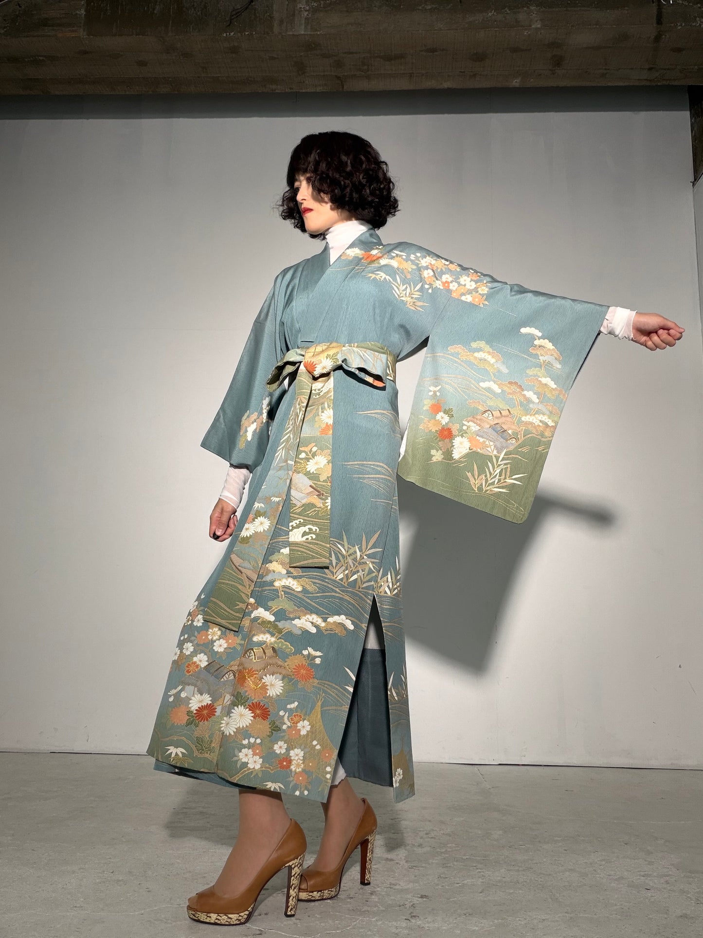 Houmongi Kimono Dress Gown with String Belt – Upcycled from Vintage Japanese Kimono "kinkoma,blue, DRE045"