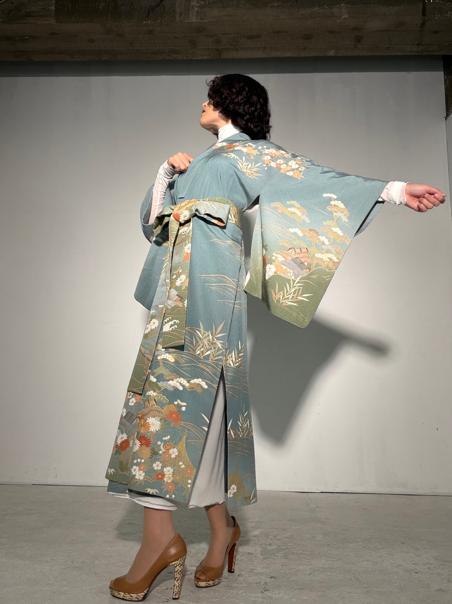 Houmongi Kimono Dress Gown with String Belt – Upcycled from Vintage Japanese Kimono "kinkoma,blue, DRE045"