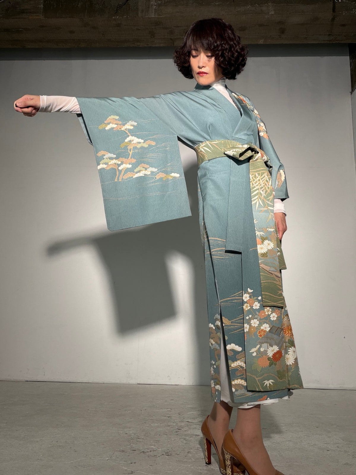 Houmongi Kimono Dress Gown with String Belt – Upcycled from Vintage Japanese Kimono "kinkoma,blue, DRE045"