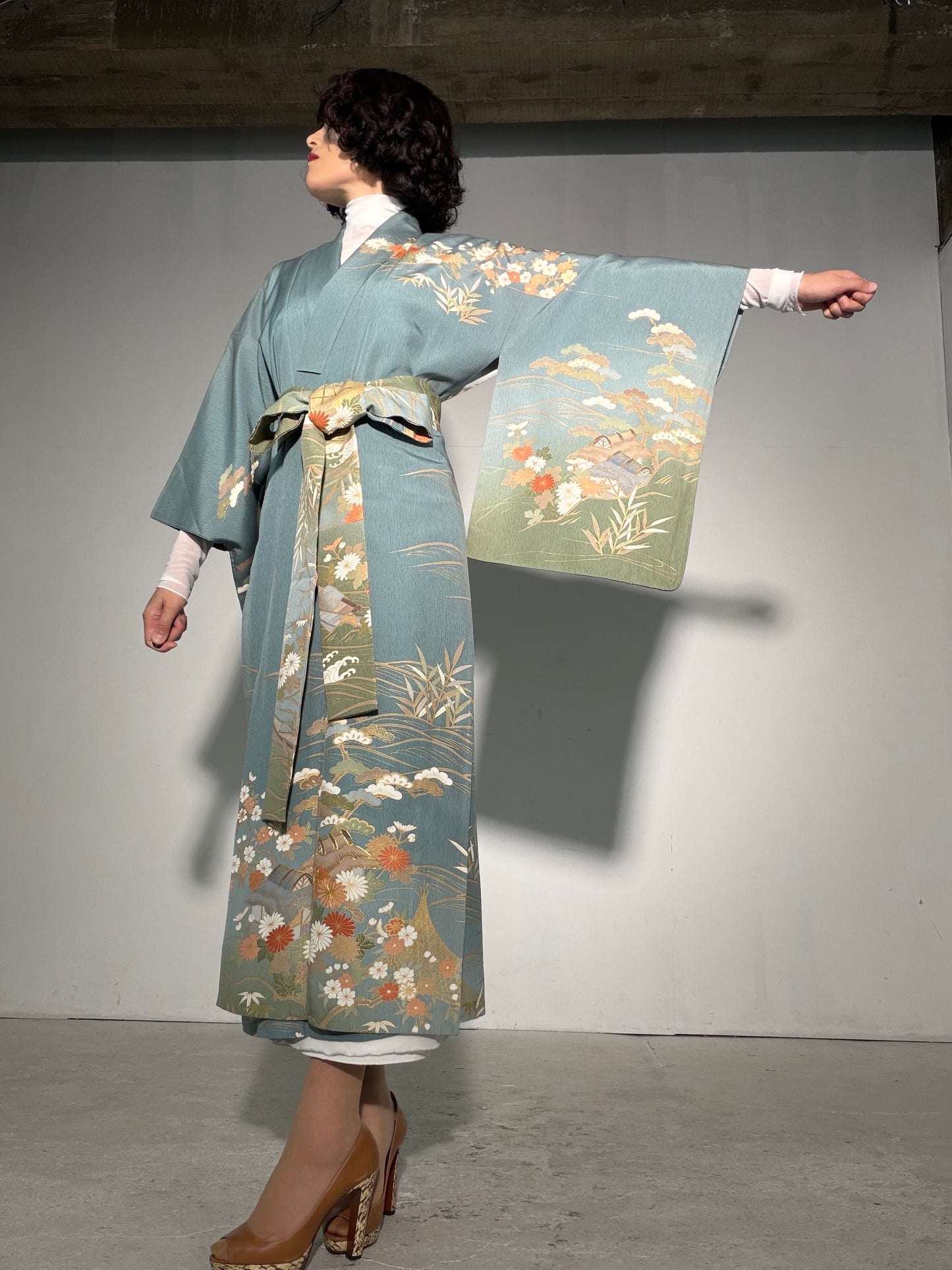 Houmongi Kimono Dress Gown with String Belt – Upcycled from Vintage Japanese Kimono "kinkoma,blue, DRE045"