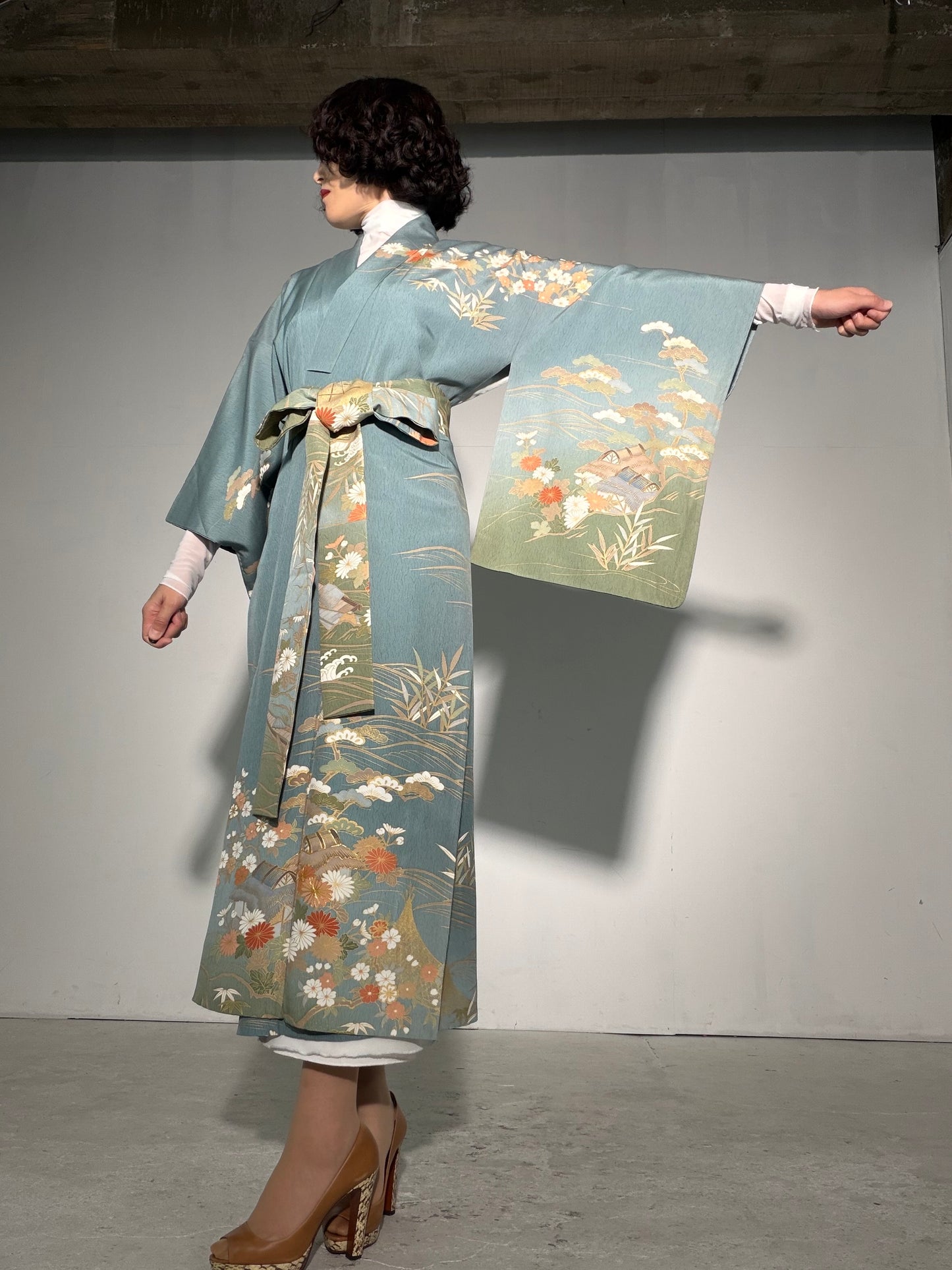 Houmongi Kimono Dress Gown with String Belt – Upcycled from Vintage Japanese Kimono "kinkoma,blue, DRE045"