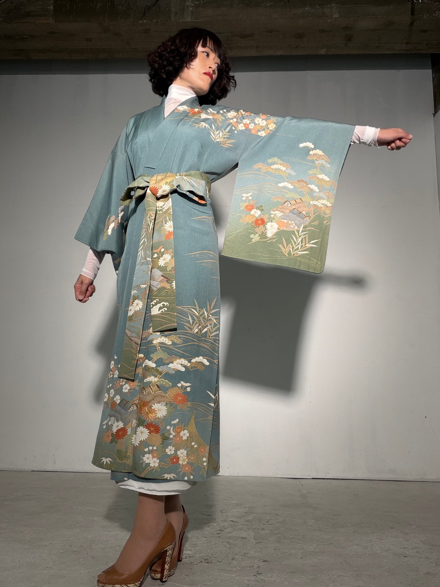 Houmongi Kimono Dress Gown with String Belt – Upcycled from Vintage Japanese Kimono "kinkoma,blue, DRE045"