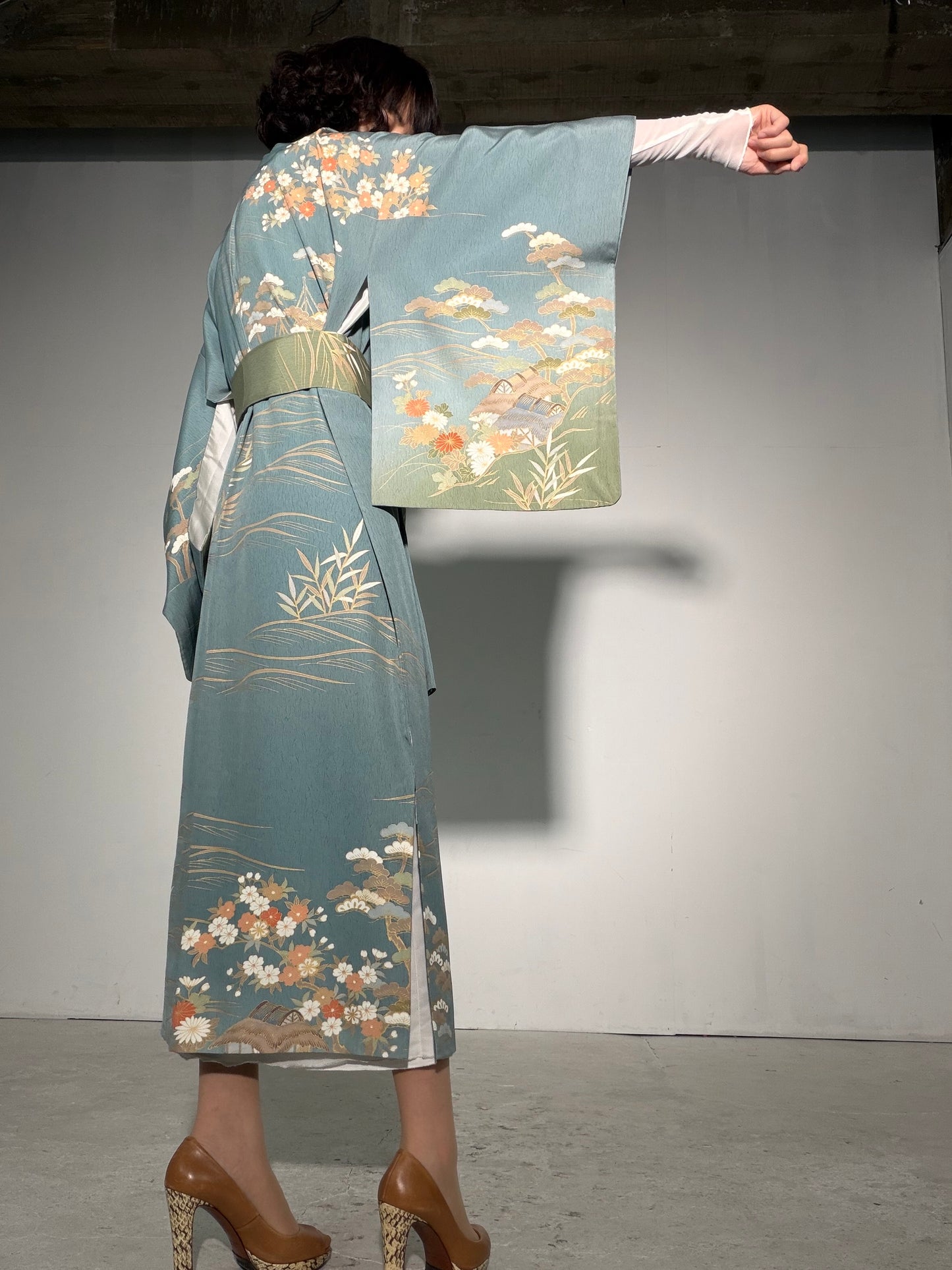 Houmongi Kimono Dress Gown with String Belt – Upcycled from Vintage Japanese Kimono "kinkoma,blue, DRE045"