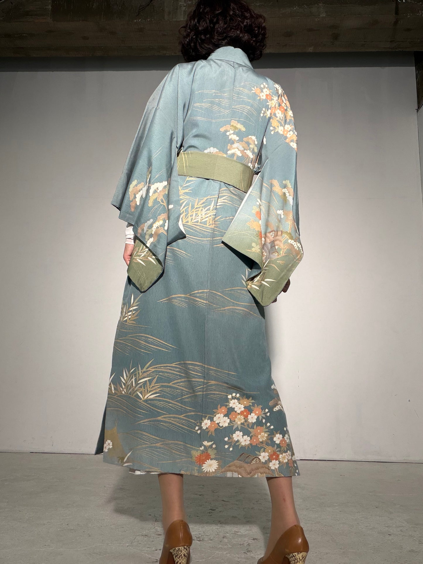Houmongi Kimono Dress Gown with String Belt – Upcycled from Vintage Japanese Kimono "kinkoma,blue, DRE045"