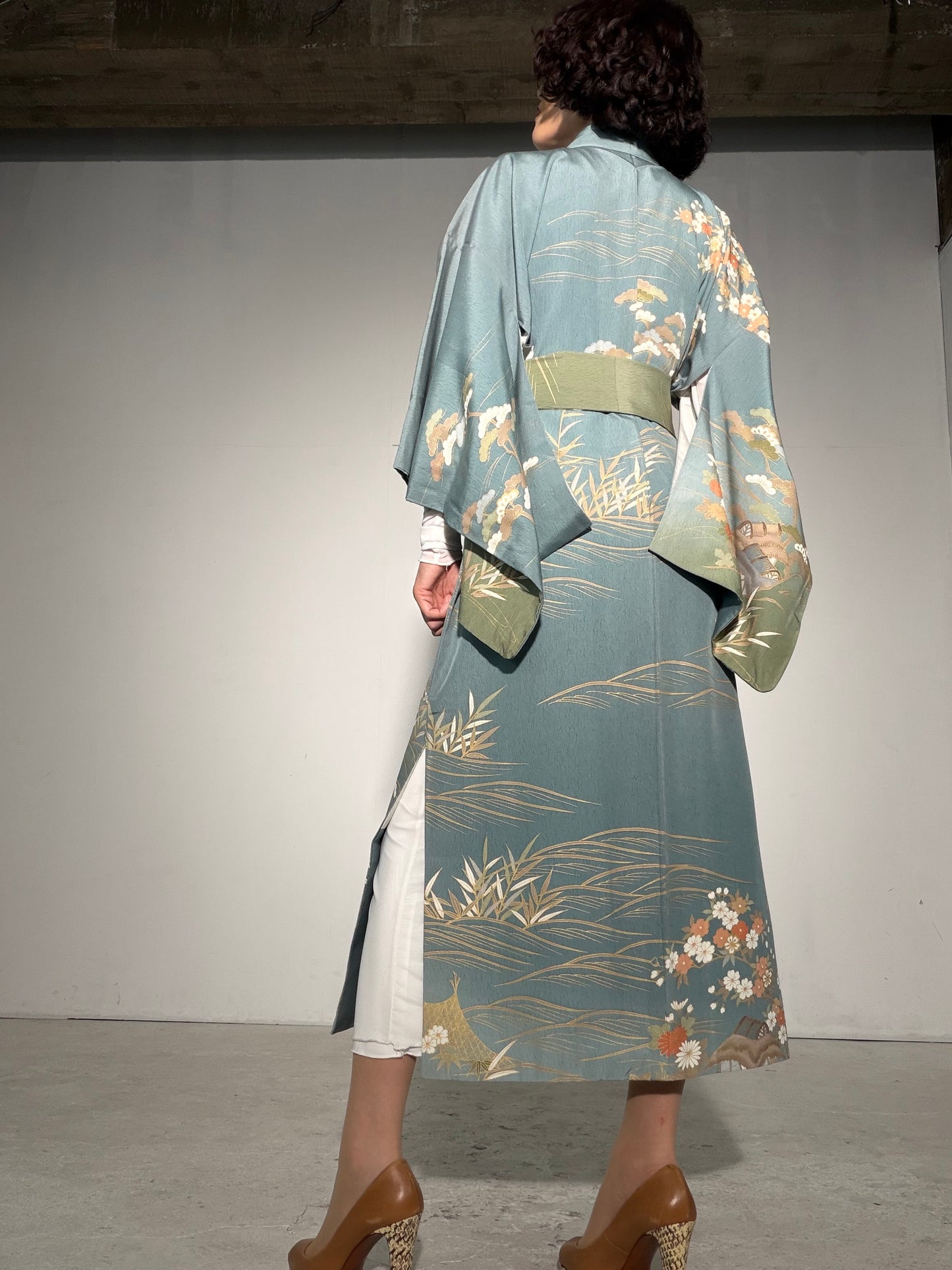 Houmongi Kimono Dress Gown with String Belt – Upcycled from Vintage Japanese Kimono "kinkoma,blue, DRE045"