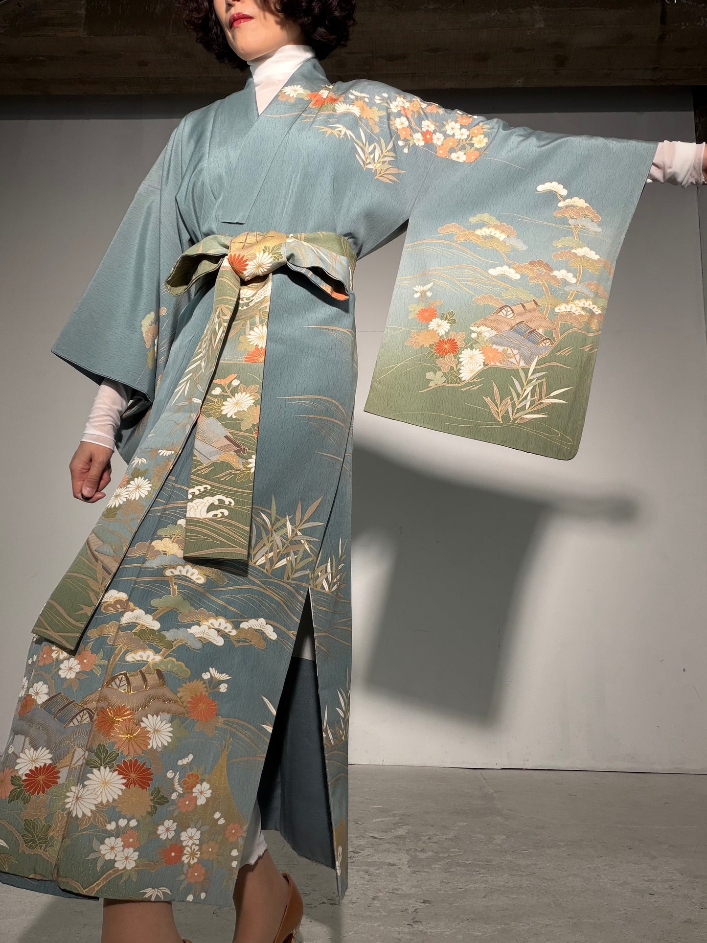 Houmongi Kimono Dress Gown with String Belt – Upcycled from Vintage Japanese Kimono "kinkoma,blue, DRE045"