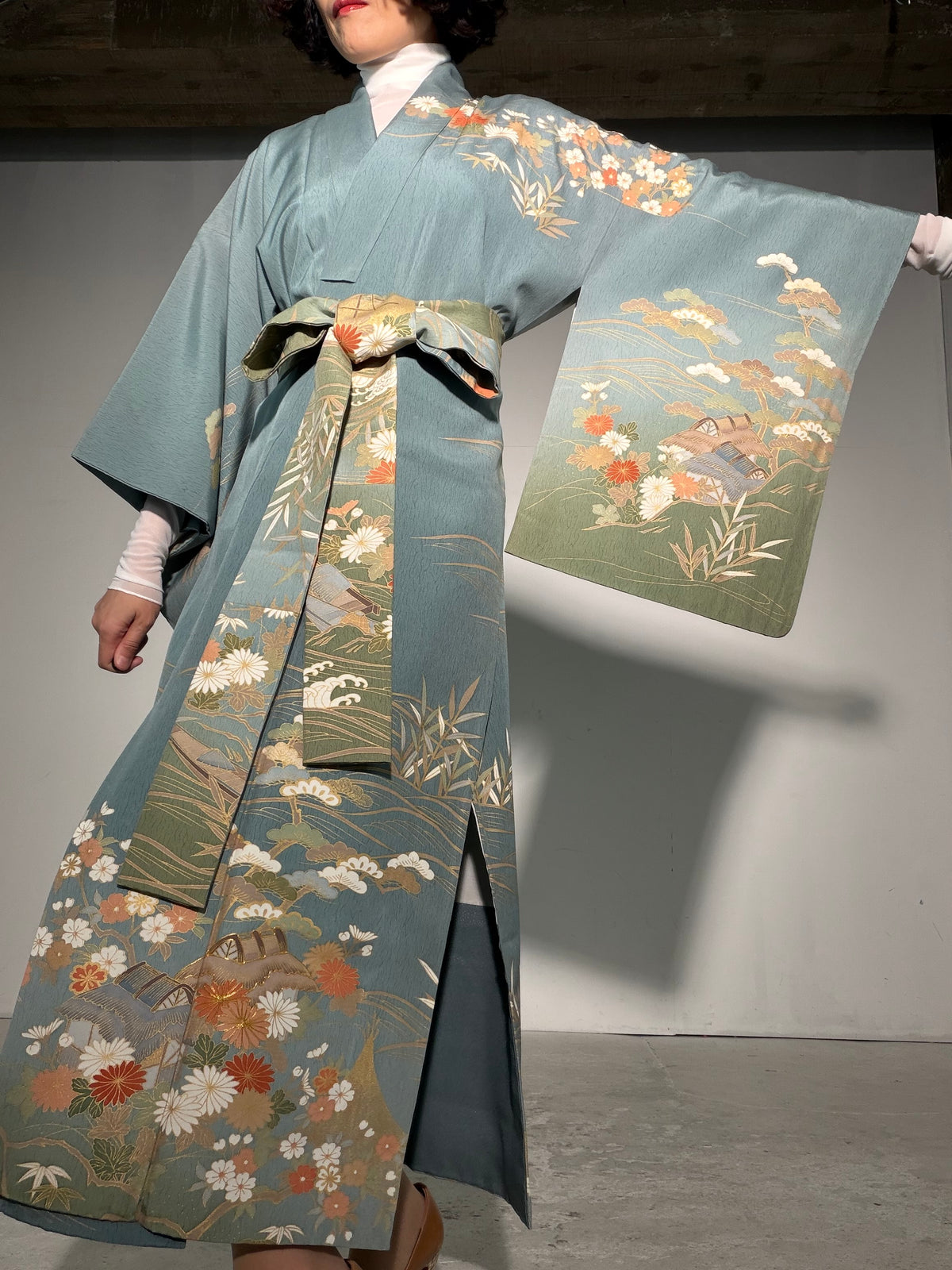 Houmongi Kimono Dress Gown with String Belt – Upcycled from Vintage Japanese Kimono "kinkoma,blue, DRE045"