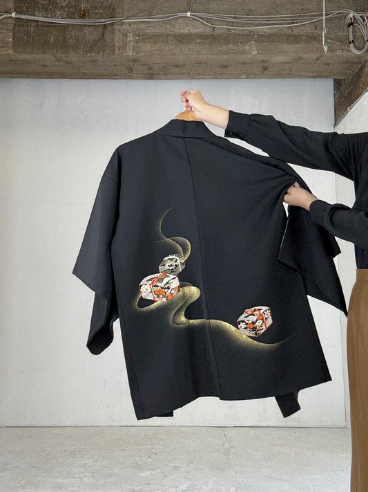 VINTAGE BLACK HAORI "fubako, embroidery"