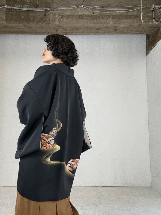 VINTAGE BLACK HAORI "fubako, embroidery"