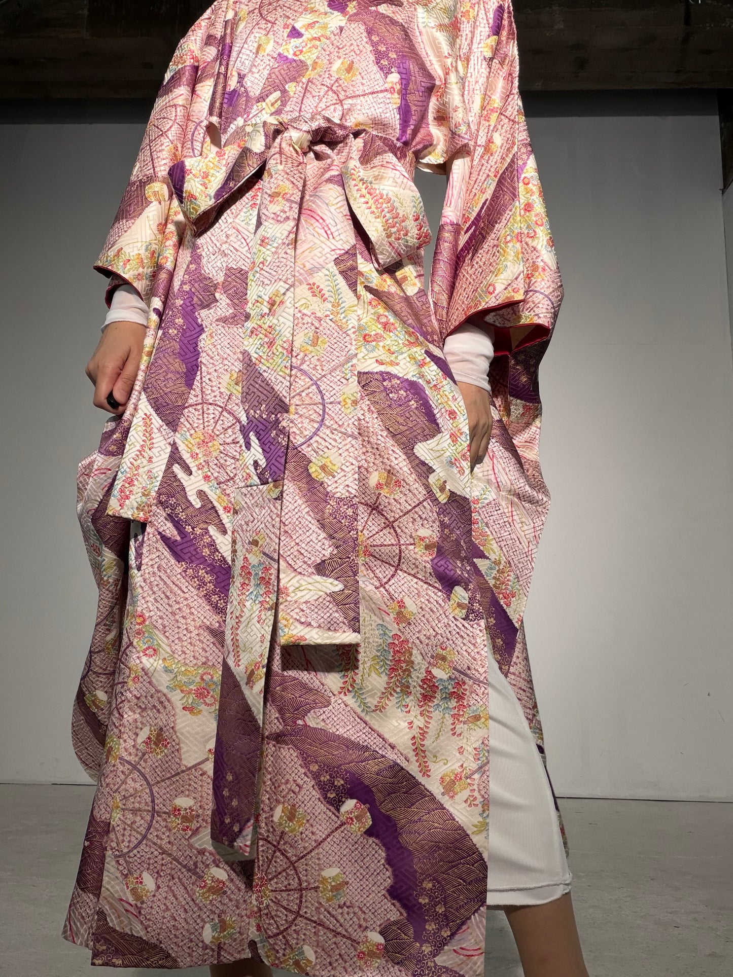 Furisode Kimono Dress Gown with String Belt – Upcycled from Vintage Japanese Kimono "shu, shiro, DRE040"