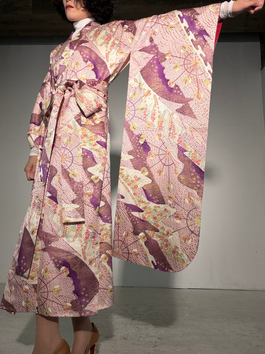 Furisode Kimono Dress Gown with String Belt – Upcycled from Vintage Japanese Kimono "shu, shiro, DRE040"