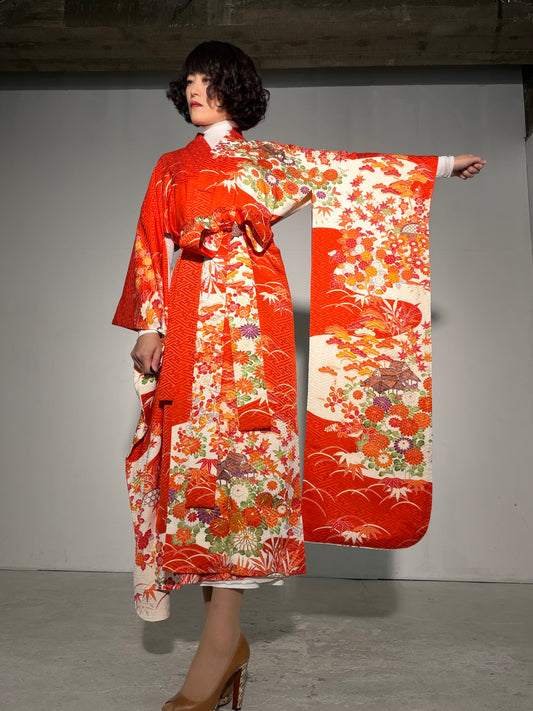 Furisode Kimono Dress Gown with String Belt – Upcycled from Vintage Japanese Kimono "shu, shiro, DRE039"